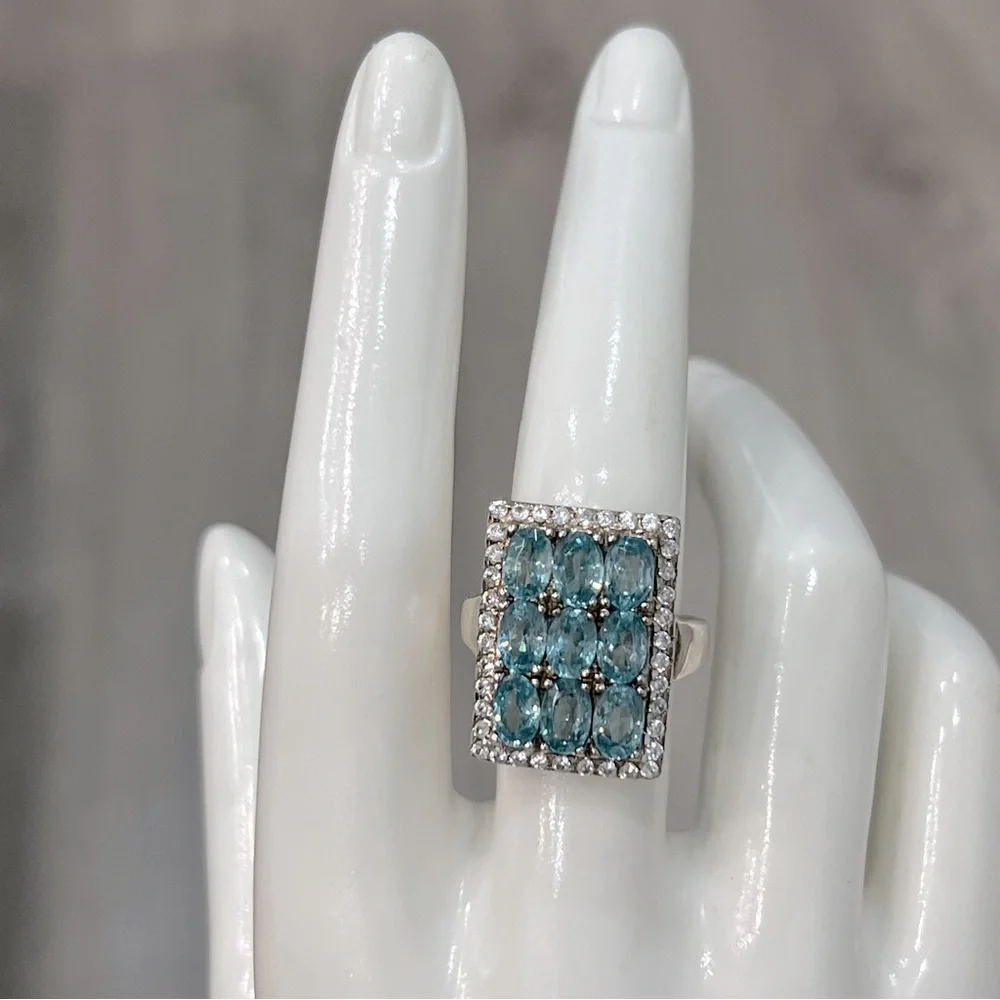 Cambodian Blue Zircon White Zircon Sterling Silver Rectangular Cluster R… - Picture 8 of 14